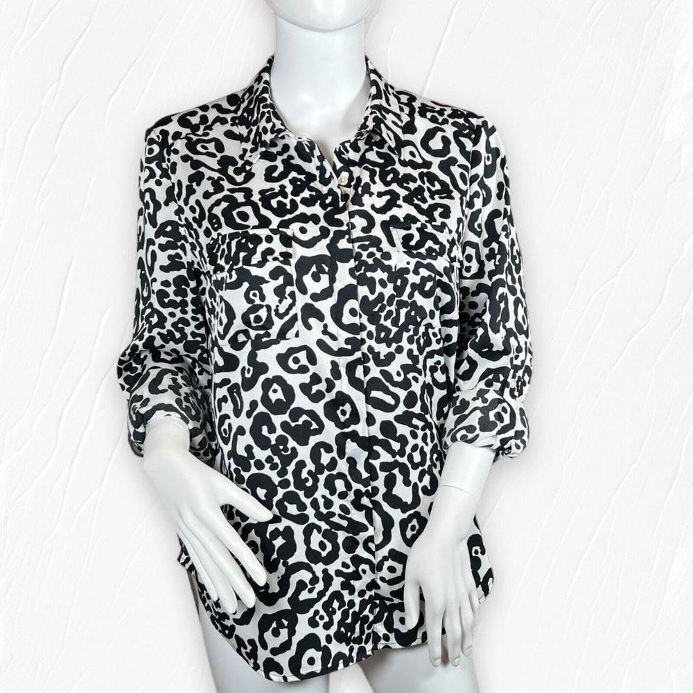 Ann Taylor Black & White Animal Print Blouse Button Front 3/4 Long Sleeve Sz 8